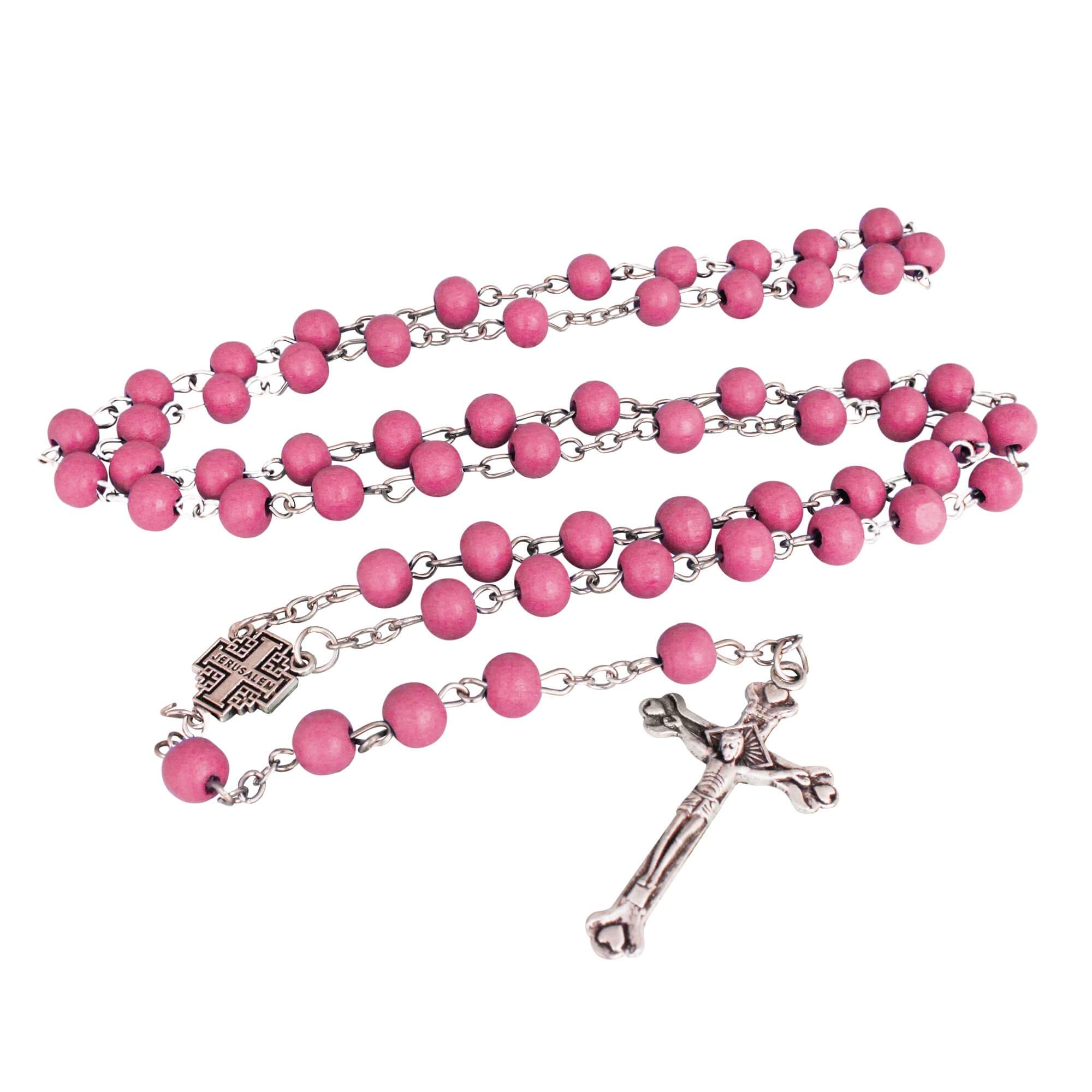 Aroma Pink Wooden Rosary Beads w/Jerusalem Cross Crucifix in Box from Holy Land Gift 18,5"