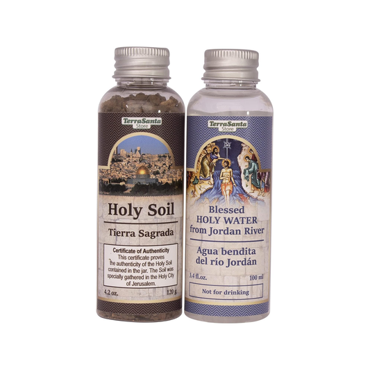 Blessed Christian Authentic 2-Bottle Set with Holy Water from Jordan River & Jerusalem Soil