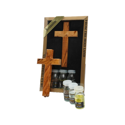 Christian Blessing Kit Set w/ Traditional Cross, Olive Oil, Holy Water & Bethlehem Soil 8"/20cm