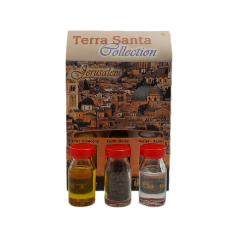 Christian Jerusalem Themed Gift Set w/ 3 Bottles - Olive Oil, Holy Water & Holy Soil 10ml/ 0.3 oz