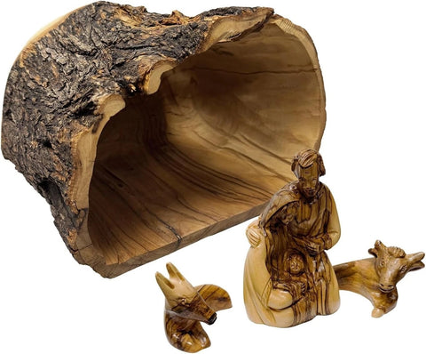 Holy Family in Bark Grotto 6" Olive Wood Nativity Set from Bethlehem