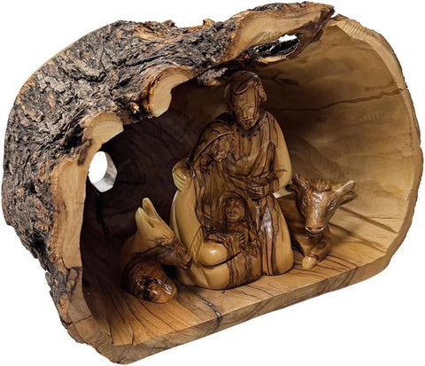 Holy Family in Bark Grotto 6" Olive Wood Nativity Set from Bethlehem