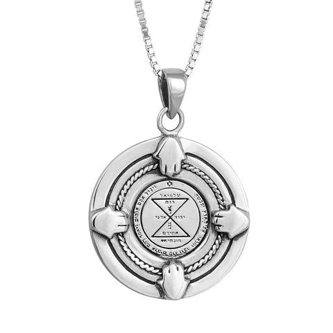 King Solomon Pendant 925 Sterling Silver – Third Pentacle of Venus Seal Necklace, Medallion with Hamsa Hands