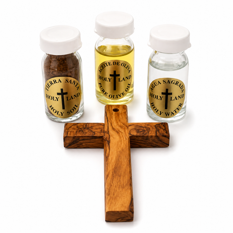 Holy Land Blessing Gift Set with Olive Wood Cross, Holy Water, Olive Oil & Soil