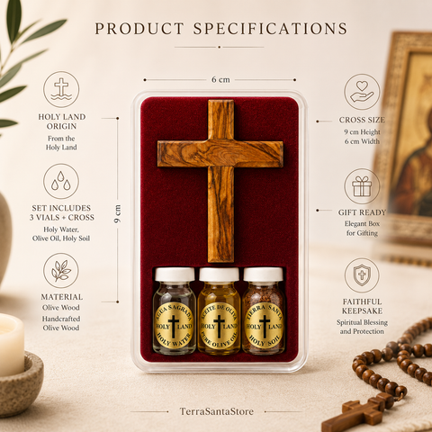 Holy Land Blessing Gift Set with Olive Wood Cross, Holy Water, Olive Oil & Soil