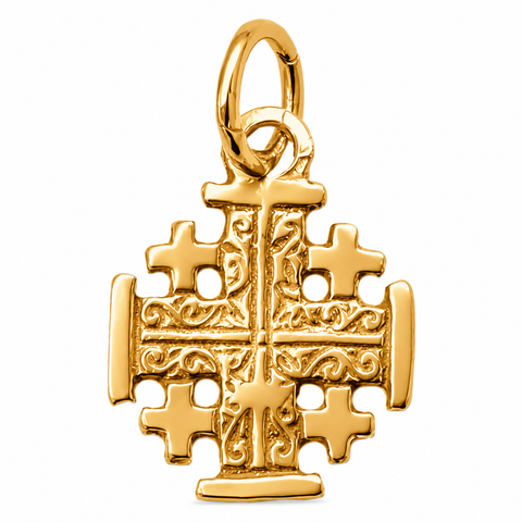 18K gold-plated 925 silver Jerusalem cross pendant highlighting five-fold cross symbolism and ornate scrollwork detailing, presented as a meaningful Holy Land Christian jewelry gift.