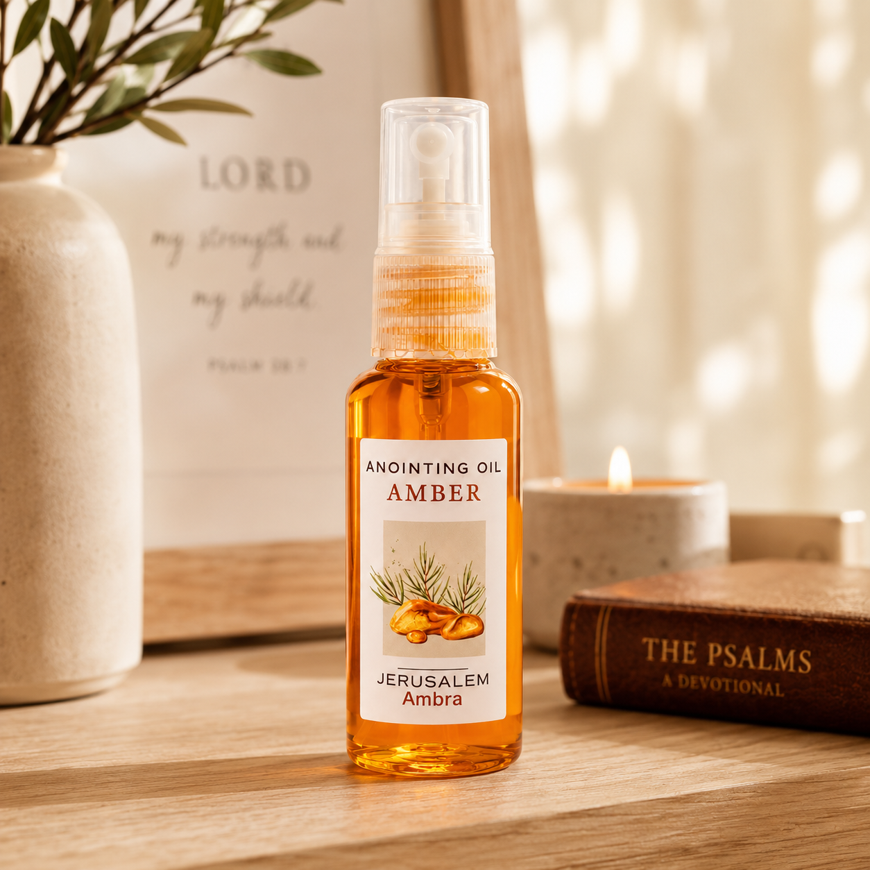 Authentic amber anointing oil spray bottle from Jerusalem on a wooden altar shelf next to a burning candle and a devotional book of Psalms