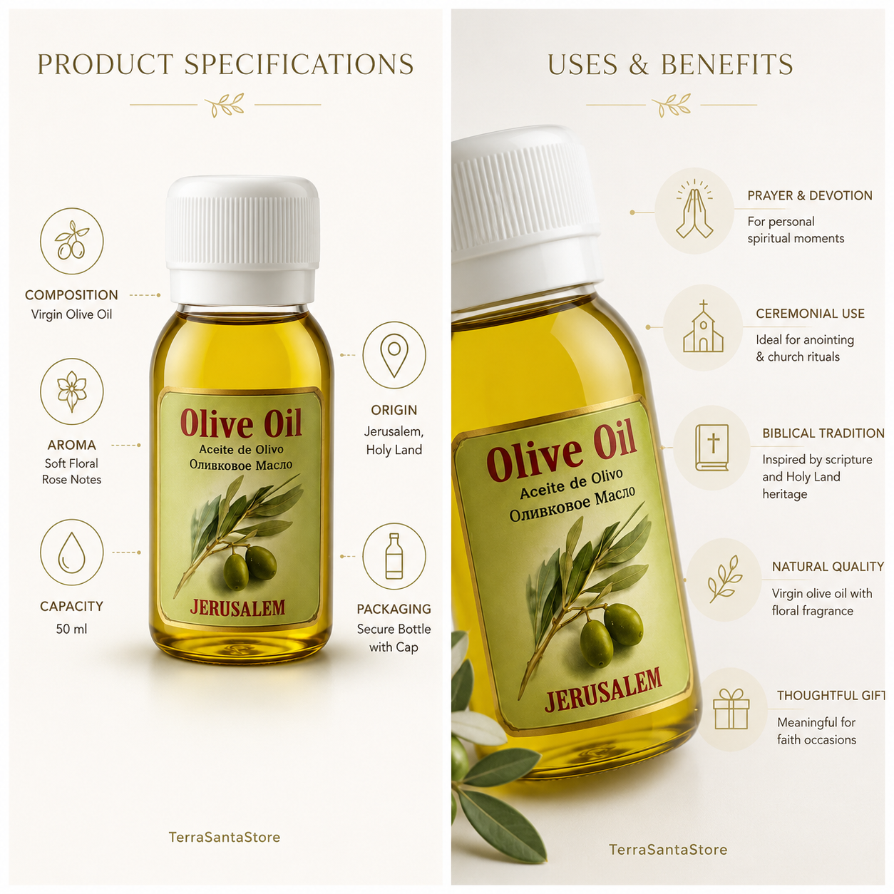 Bottle of olive oil with product specifications and uses on a white background