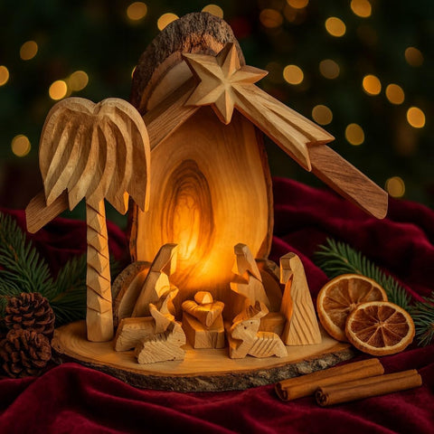 Bethlehem carved nativity set with handcrafted Holy Family
