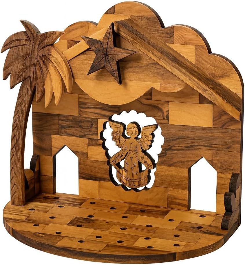 Wooden nativity scene with angel, star, and palm tree on a white background