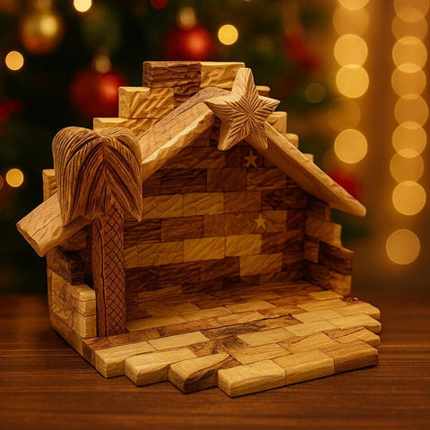 Wooden nativity scene with a star on top, set against a warm, blurred background.