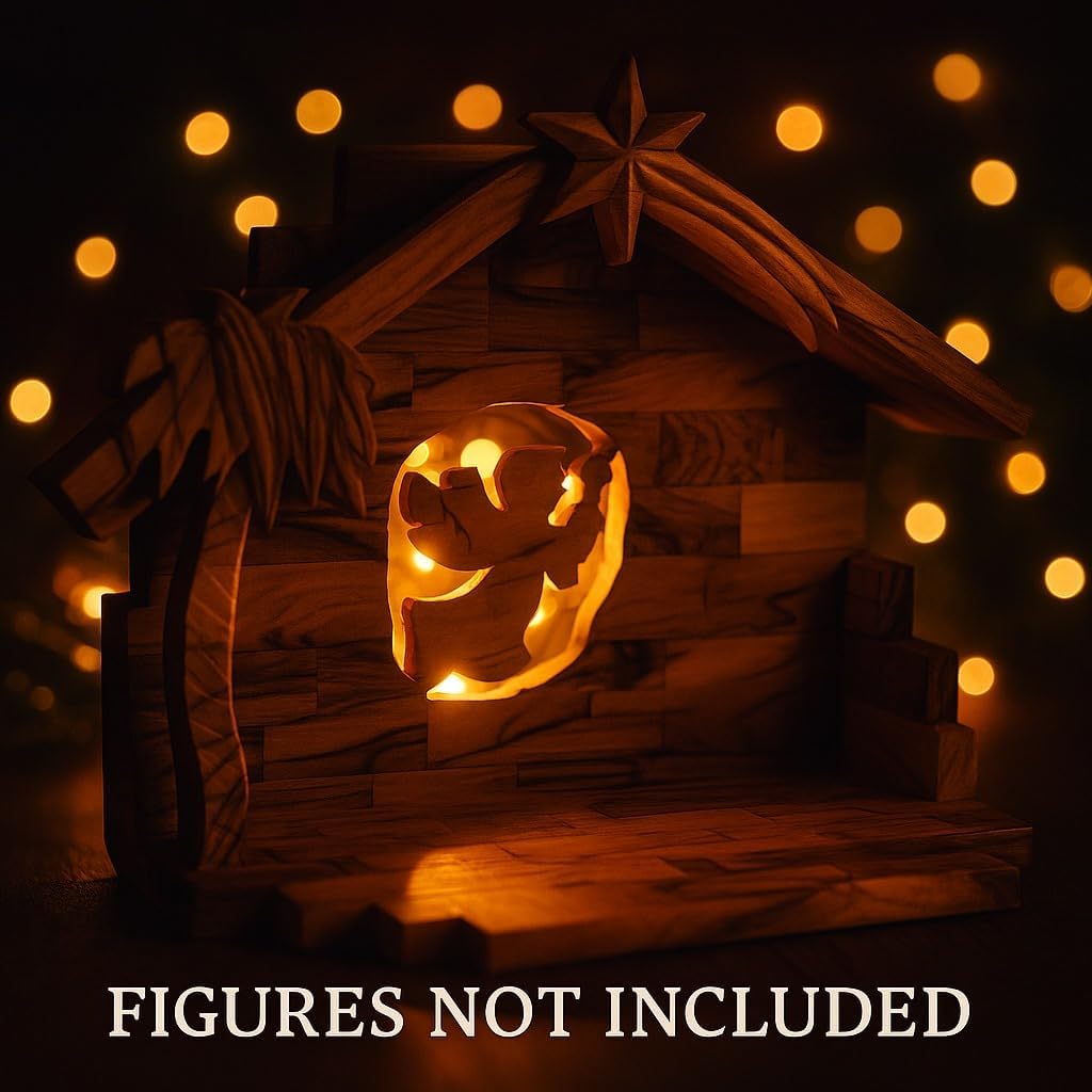 Wooden nativity scene with glowing pumpkin face in a dark setting with string lights.