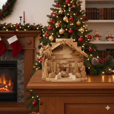 Olive wood nativity set from Bethlehem with full Holy Family scene

