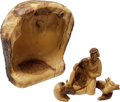 Bethlehem olive wood Nativity cave with Mary, Joseph and Jesus
