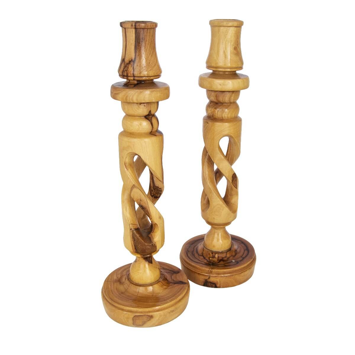 Handmade olive wood Bethlehem candle holders front view