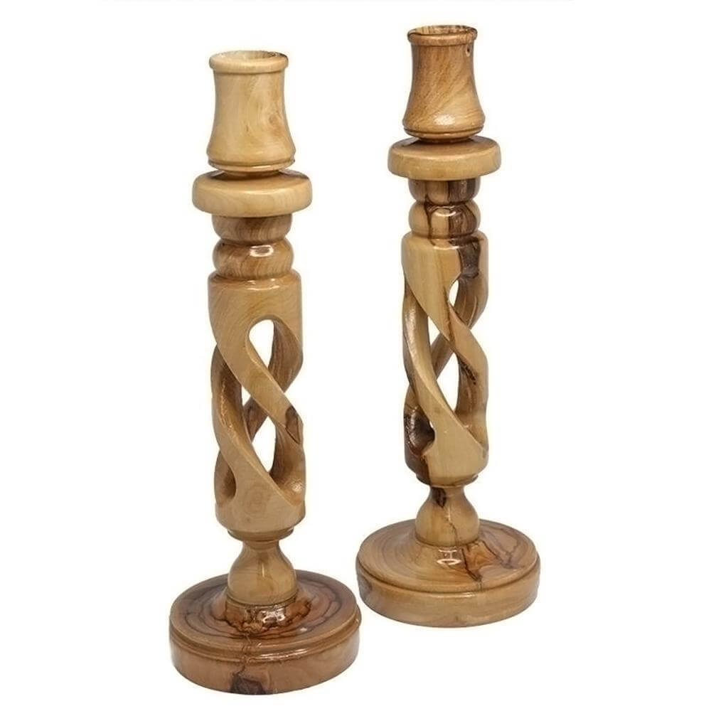Top view of Bethlehem olive wood candle holders carved by hand