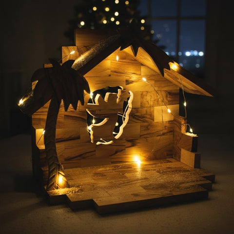 Hand-carved Bethlehem olive wood nativity scene backdrop