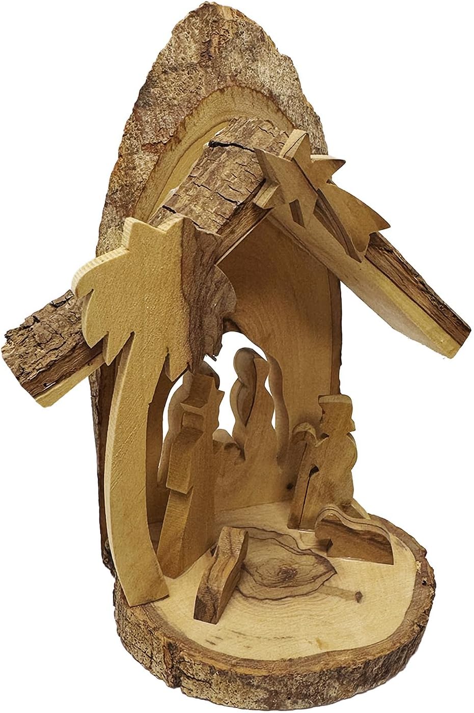 Rustic olive wood nativity set with bark manger base from Bethlehem