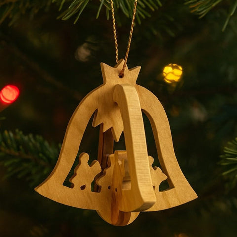 Bethlehem olive wood nativity bell with journey scene carving
