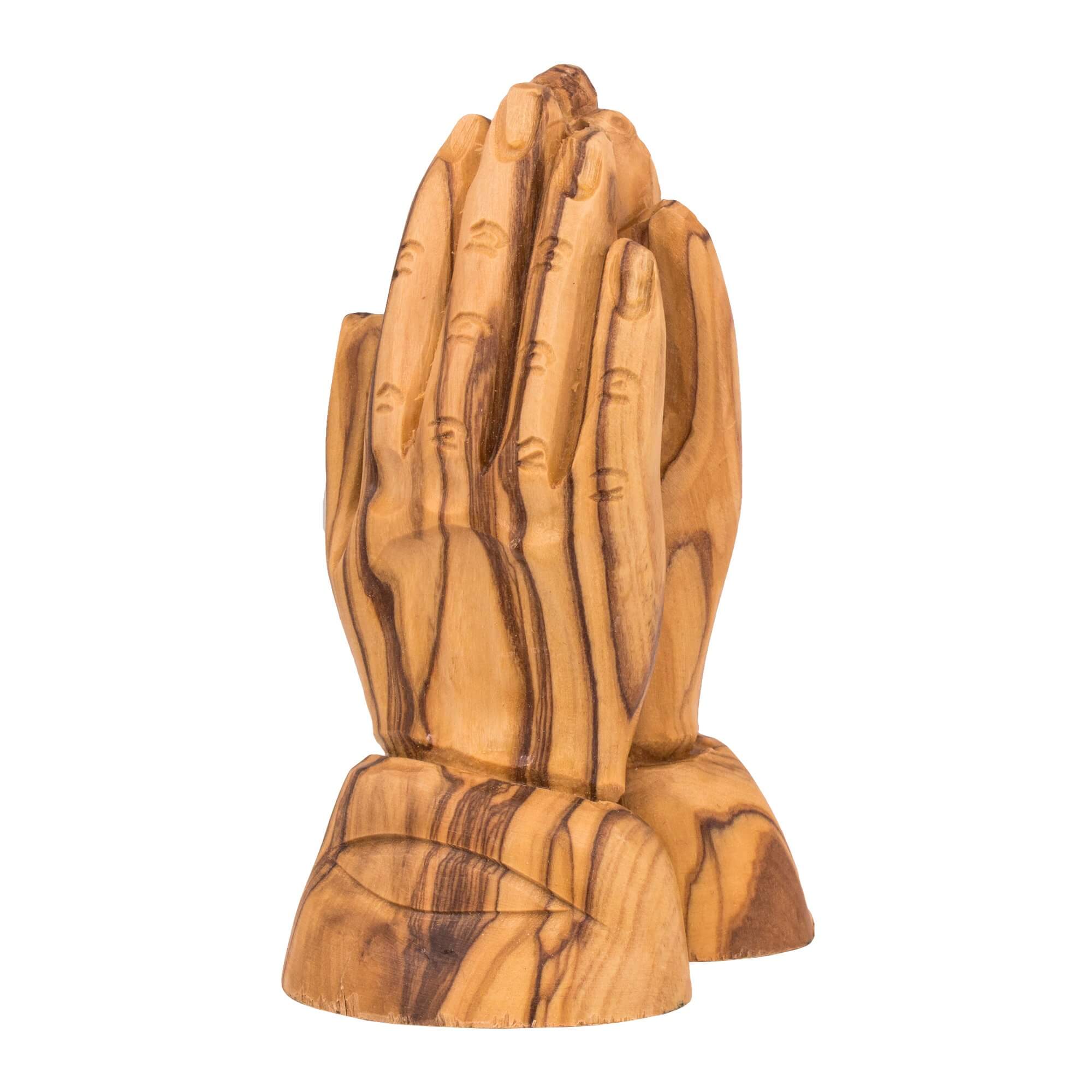 Full olive wood praying hands figurine from Bethlehem displayed upright