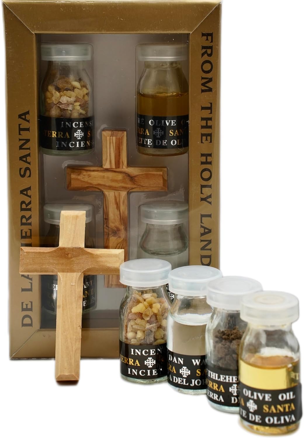Close-up of Bethlehem soil vial and Jordan holy water in gift set
