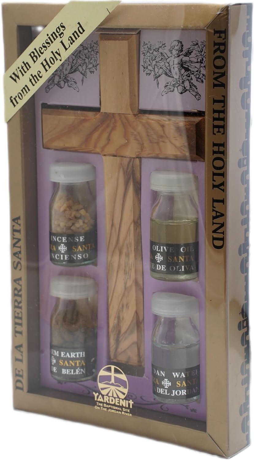bethlehem soil vial and wooden cross detail in blessing kit