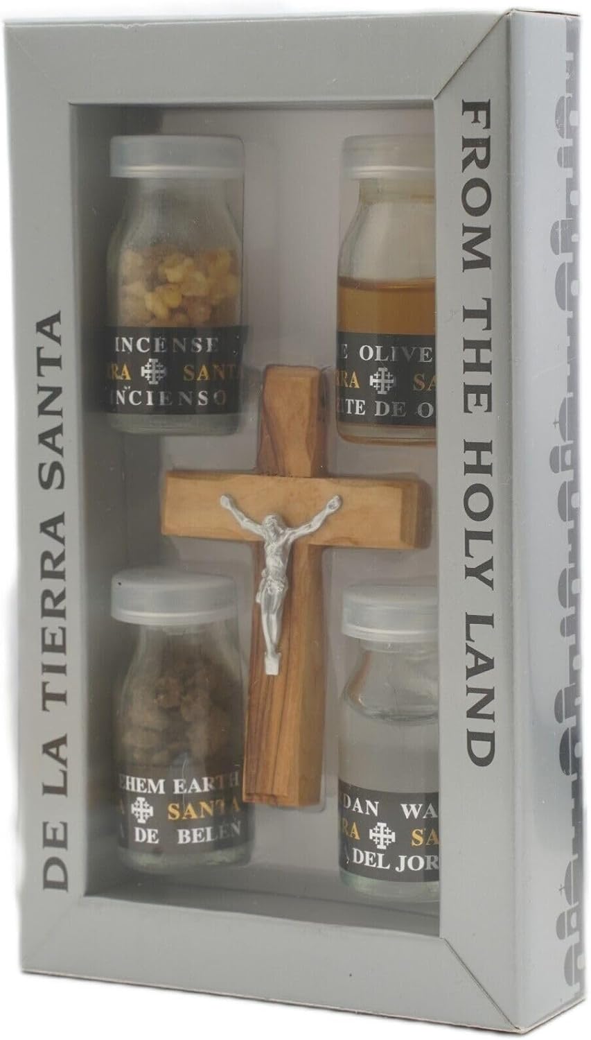 detail of Bethlehem soil and olive oil vial in devotional gift set

