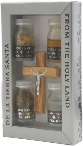 detail of Bethlehem soil and olive oil vial in devotional gift set

