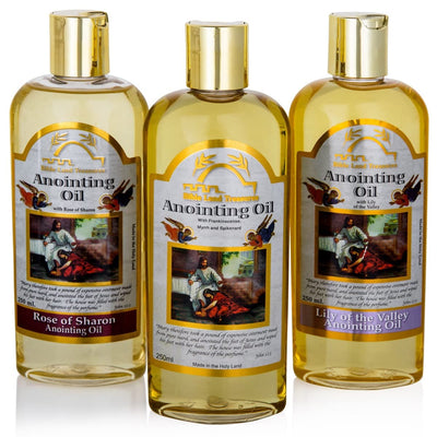 Bible Land Treasures Anointing Oils 250ml – Rose of Sharon, Frankincense Myrrh & Spikenard, and Lily of the Valley – Holy Land prayer and worship set