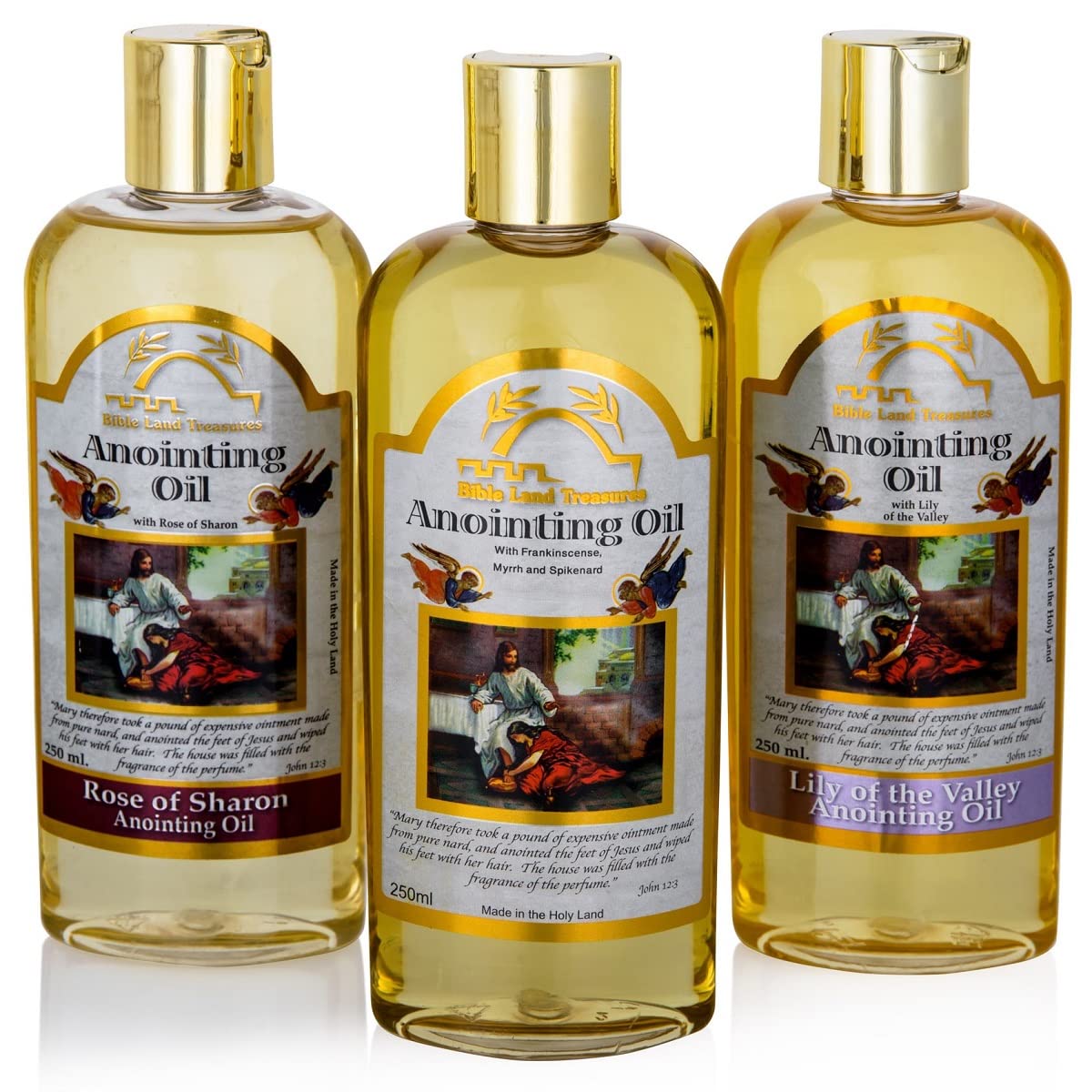 Bible Land Treasures Anointing Oils 250ml – Rose of Sharon, Frankincense Myrrh & Spikenard, and Lily of the Valley – Holy Land prayer and worship set