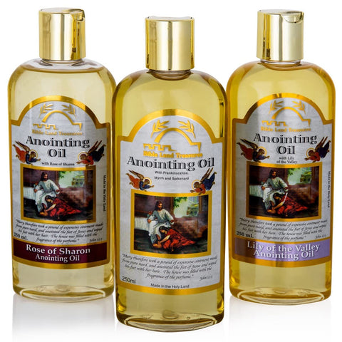 Bible Land Treasures Anointing Oils 250ml – Rose of Sharon, Frankincense Myrrh & Spikenard, and Lily of the Valley – Holy Land prayer and worship set