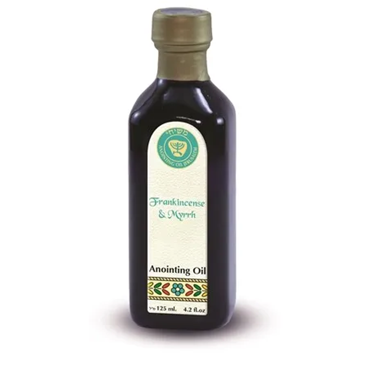 Frankincense and myrrh anointing oil in cobalt blue glass bottle by Ein Gedi for prayer and worship
