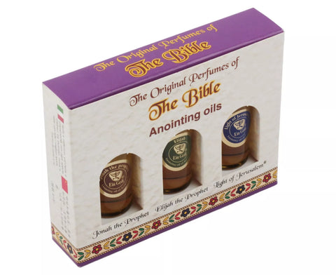 Biblical anointing oils gift box — Jonah the Prophet, Elijah the Prophet, Light of Jerusalem — for consecration and prayer practices.