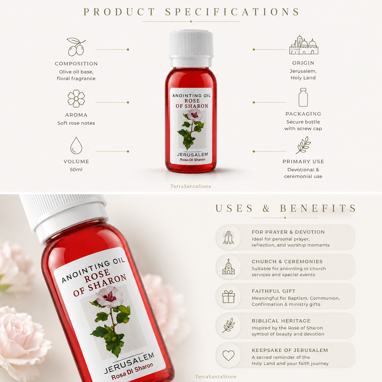 Jerusalem Rose of Sharon devotional oil in transparent bottle for Christian prayer and ceremonial use