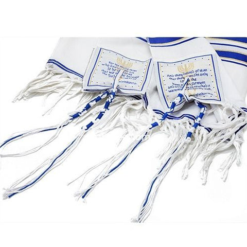 Angled side view of traditional tallit with blue and gold stripes

