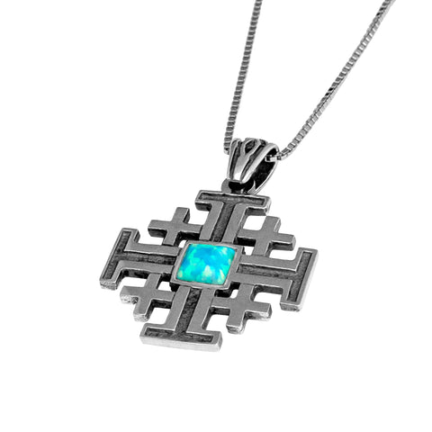 Blue opal Jerusalem Cross pendant silver jewelry from Israel
