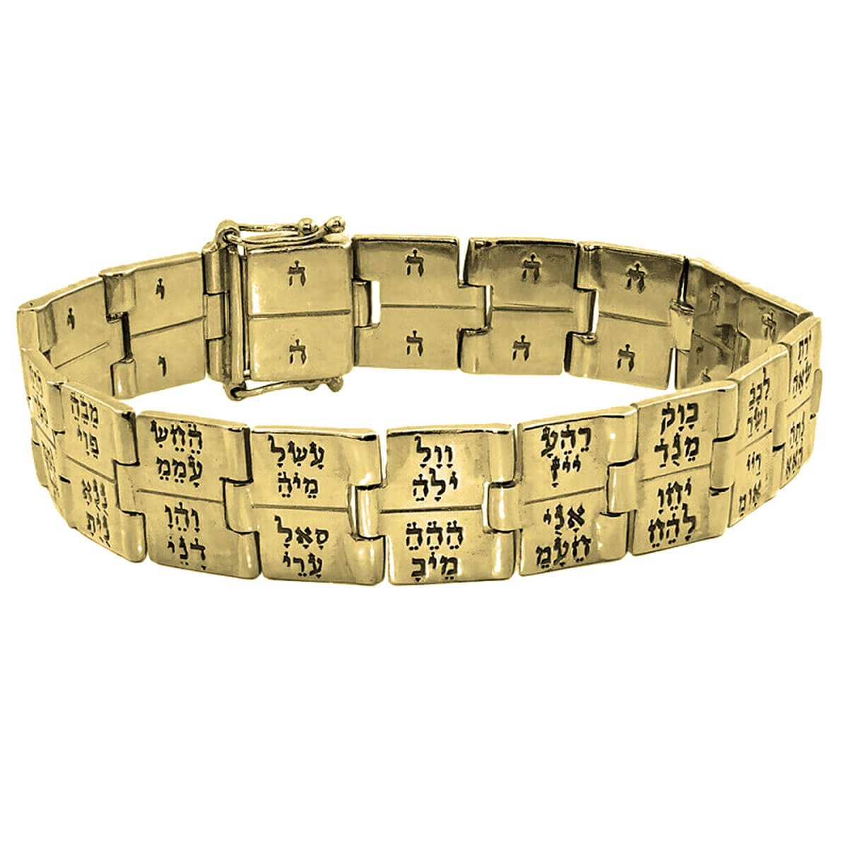 Angled front showing engraved letters on 72 names of God bracelet
