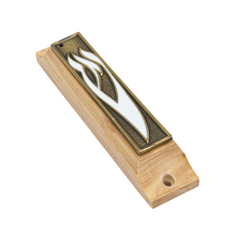 Bronze enamel olive wood mezuzah with Torah scroll