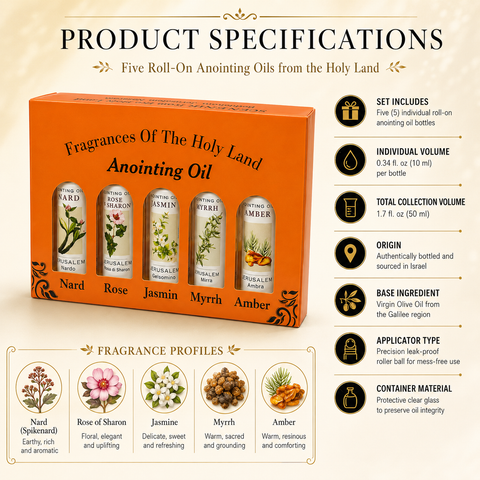 Holy Land Roll-On Anointing Oil Set with Nard, Myrrh, Amber, Jasmine & Rose of Sharon