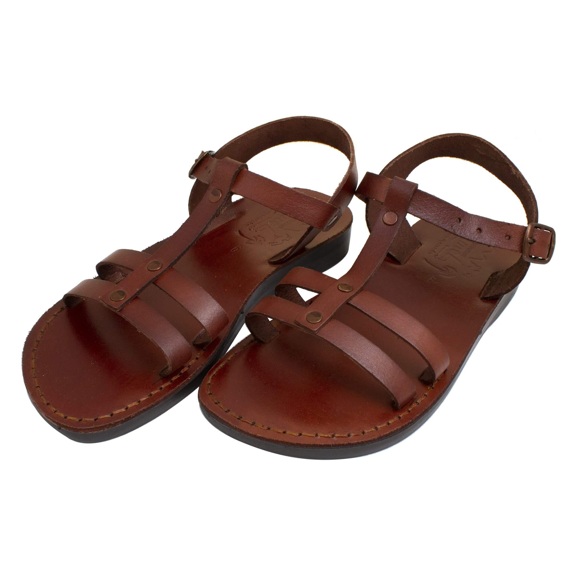 camel leather Holy Land sandals for women with Christian symbolism