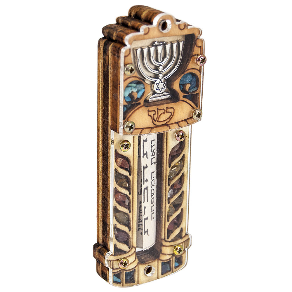 Top section of car mezuzah highlighting Star of David carving