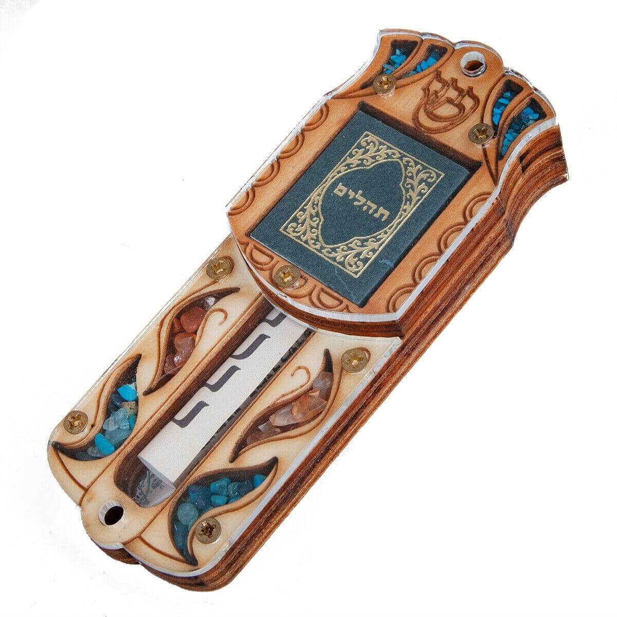 Detail of bail and stones on handcrafted wooden car mezuzah pendant
