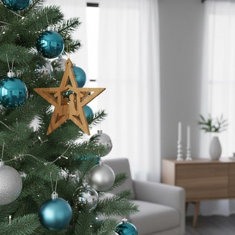 Decorated Christmas tree with blue and silver ornaments in a living room setting.