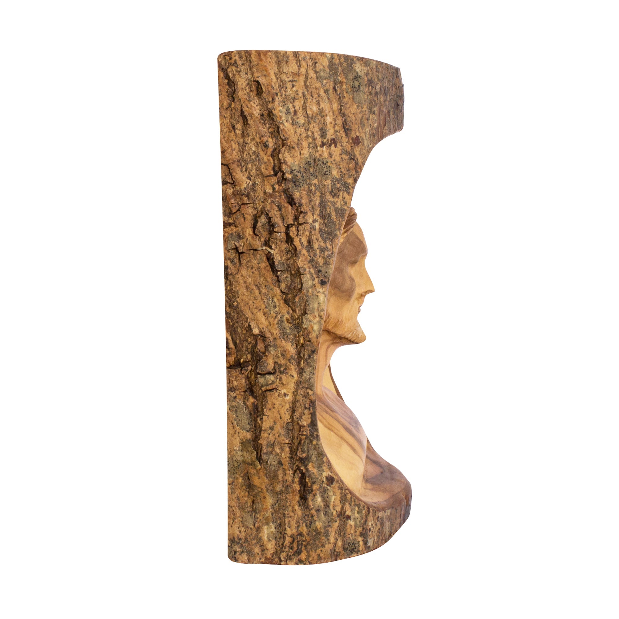 Detail of carved features olive wood Jesus bust Jerusalem
