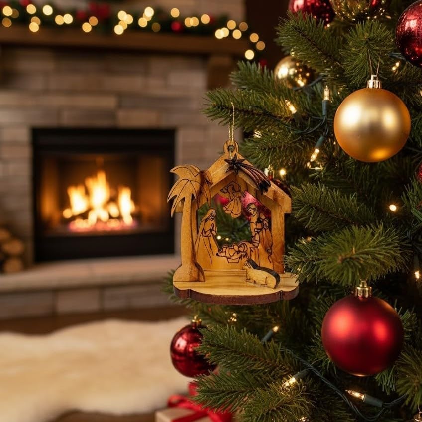 Decorative Christmas tree with nativity scene ornament and gold and red baubles, fireplace in the background.