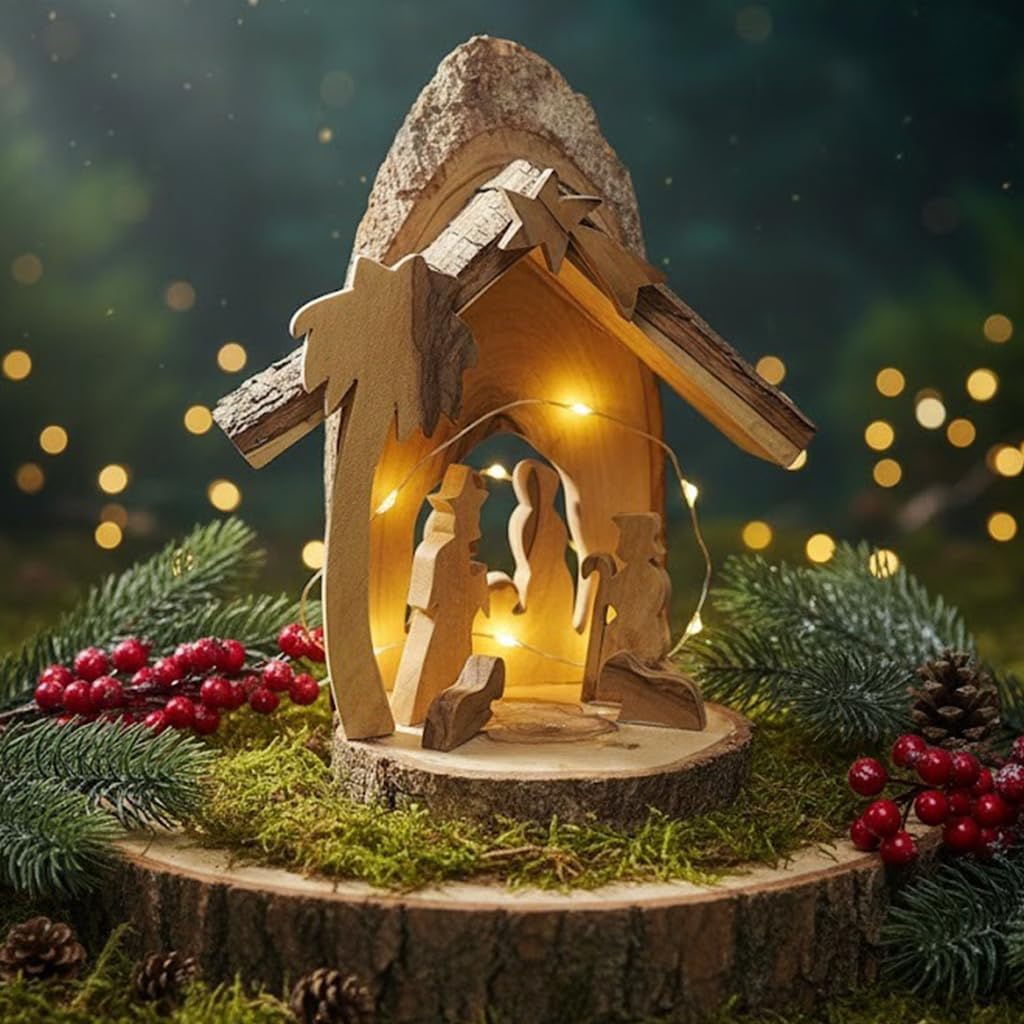 Wooden nativity scene with lights on a decorative base surrounded by greenery and berries.