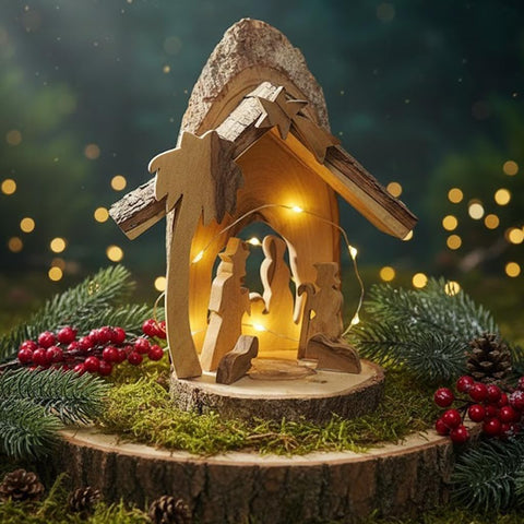 Wooden nativity scene with lights on a decorative base surrounded by greenery and berries.
