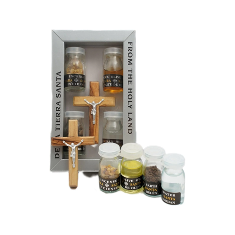 front view crucifix and olive oil in traditional Christian gift set
