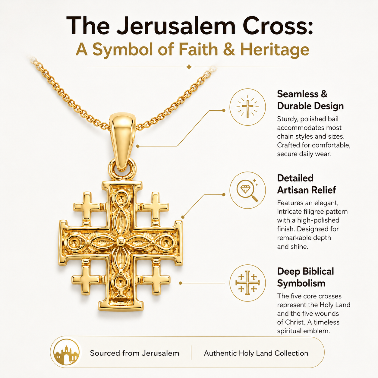 Gold Jerusalem cross pendant with detailed features and text on a white background