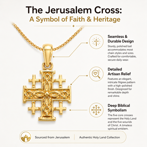 Gold Jerusalem cross pendant with detailed features and text on a white background